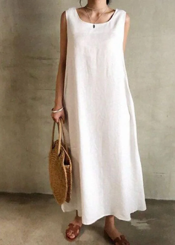 Women White O Neck Patchwork Cotton Maxi Dress Sleeveless Elegant Maxi Dress with Slit