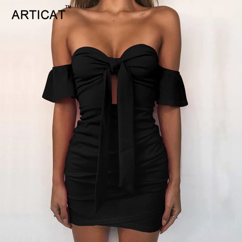 Off Shoulder Strapless Sexy Ruched Summer Dress Women Bow Knot Backless Mini Dress Short Sleeve Bodycon Bandage Dresses Classic Shift Mini Dress