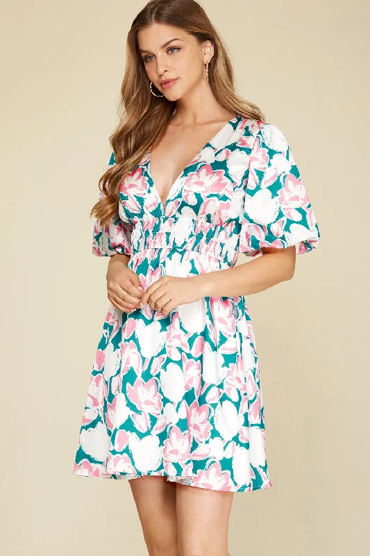 BALLOON SLEEVE MINI DRESS | FLORAL EMERALD Stylish Spaghetti Strap Mini Dress