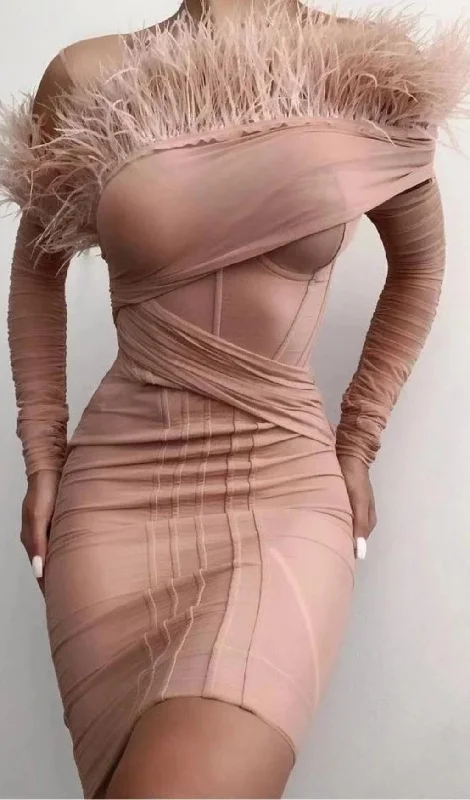 FEATHER LONG SLEEVE BANDAGE MINI DRESS IN BLUSH PINK Elegant Velvet Mini Dress