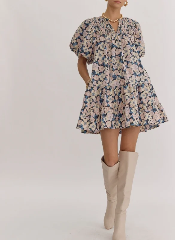 Floral Print V-Neck Bubble Sleeve Mini Dress Elegant Lace-Up Mini Dress