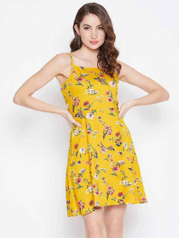 Floral Printed Fit & Flare Mini Dress Stylish Sweetheart Neck Mini Dress