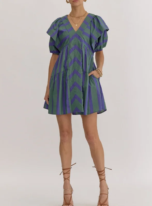 Mixed Line Print V-Neck Mini Dress Cozy A-Line Mini Dress