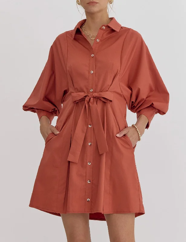 Solid Collared Button Up 3/4 Sleeve Mini Dress Fashionable Boho-Chic Mini Dress