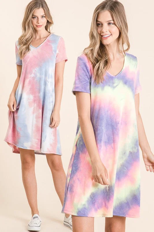 TIE DYE PRINT FRENCH TERRY V NECK MINI DRESS - BLUE/PINK or LAVENDER MIX Classic Black Mini Dress