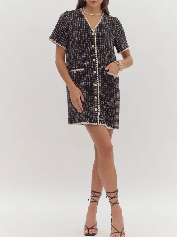 Tweed Short Sleeve V-Neck Button-Up Mini Dress Comfortable Boho Mini Dress