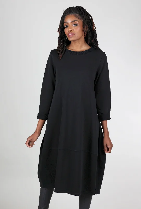 Midi Sweatshirt Dress, Black Hoodie with Cuffed Sleeves Snug Secure