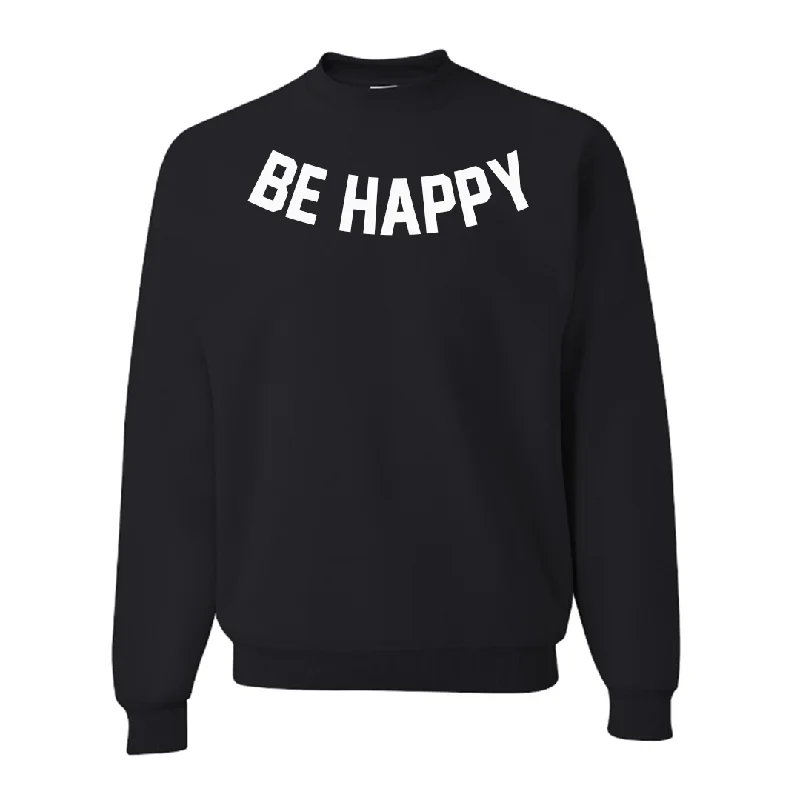 Be Happy Black Pullover Sweatshirt Hoodie with Hem Ribbing Snug Secure