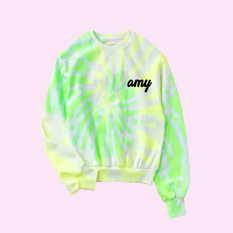 Custom Text Neon Green Crop Tie Dye Sweatshirt Hoodie with Fur Luxurious Winter