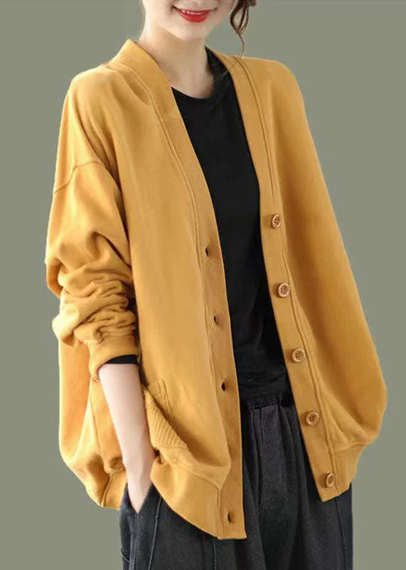 Elegant Yellow V Neck Button Patchwork Warm Fleece Sweatshirt Coat Fall Hoodie with Raw Hem Edgy Unfinished