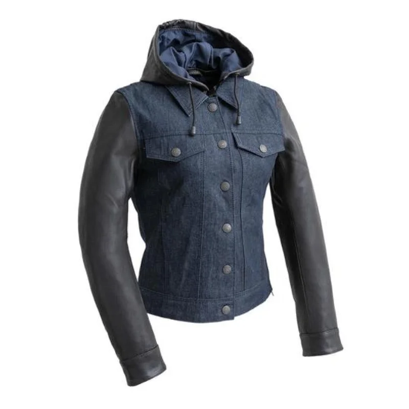 First Manufacturing Holli - Women's Motorcycle Denim/Leather Jacket Wool Fabric Cashmere Fabric Tweed Fabric