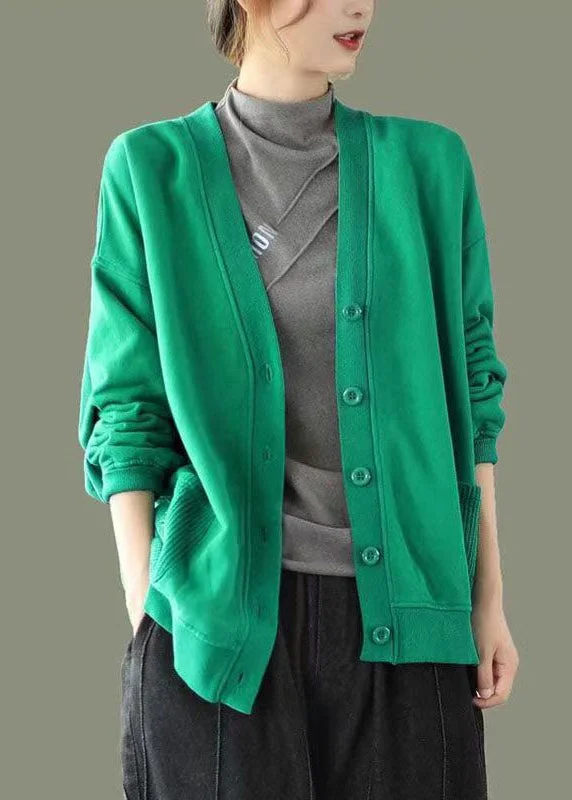 Green Button Pockets Patchwork Warm Fleece Sweatshirt Coat V Neck Long Sleeve Hoodie with Oversized Fit Loose Comfortable