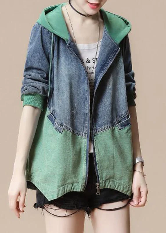 Green Drawstring Pockets Hoodie Denim Coat Long Sleeve Hoodie with Crew Neck Simple Timeless