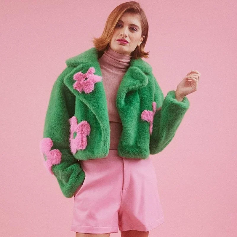 Handmade Bamboo Cropped Jacket | Green + Pink Flower Chenille Jacket Brocade Jacket Lace Jacket