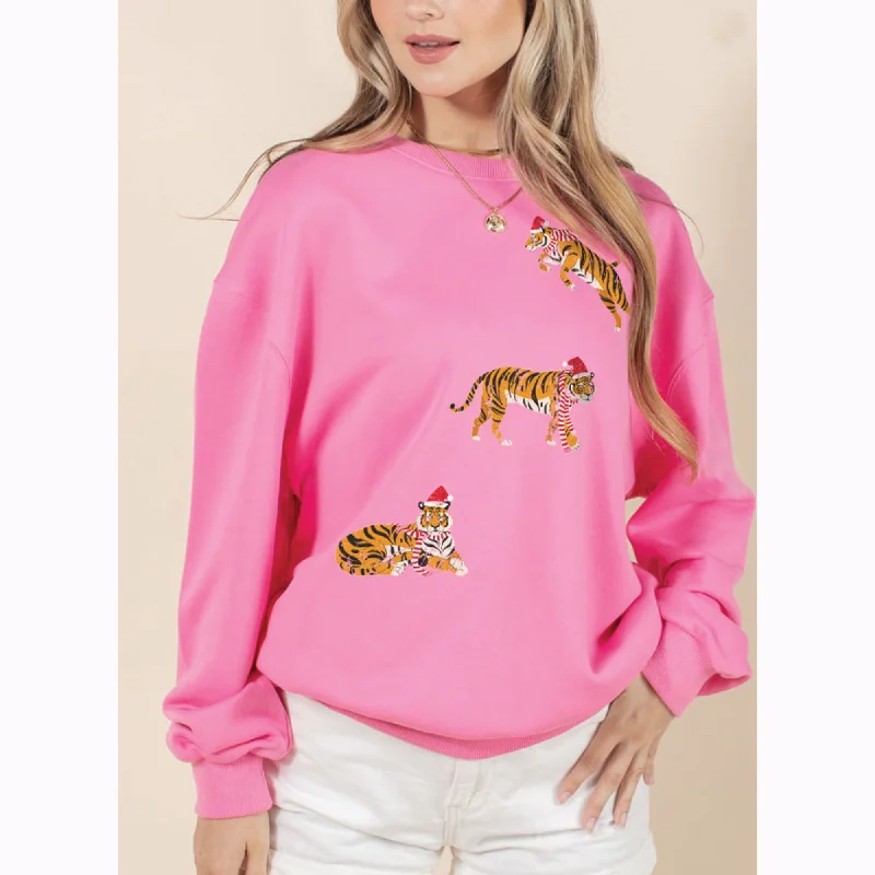 Hot Pink Tiger Christmas Sweatshirt Hoodie with Thumb Holes Functional Cozy