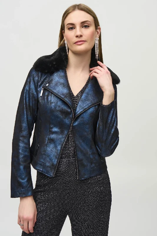 Joseph Ribkoff 244918 Blue Black (192) Foiled Suede Jacket with Faux-Fur Collar Cotton Fabric Linen Fabric Terry Fabric