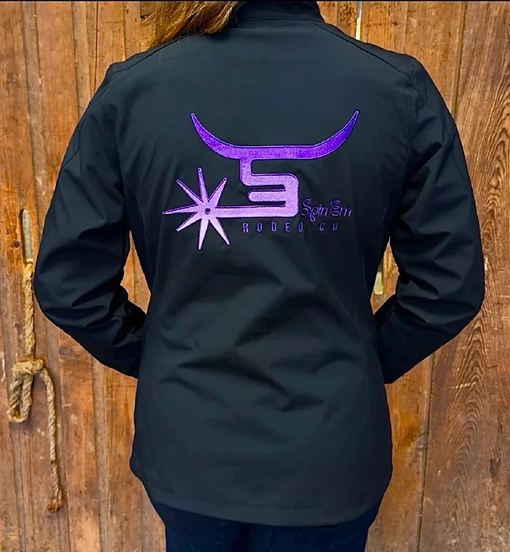 Ladies Black Jacket Purple Logo Boat Neck Shawl Collar Notched Collar