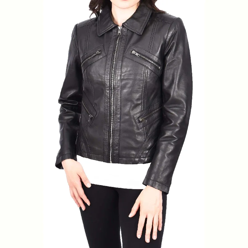 Ladies Soft Leather Jacket Fitted Collared Zip Fasten Biker Style Leah Black Wool Fabric Cashmere Fabric Tweed Fabric