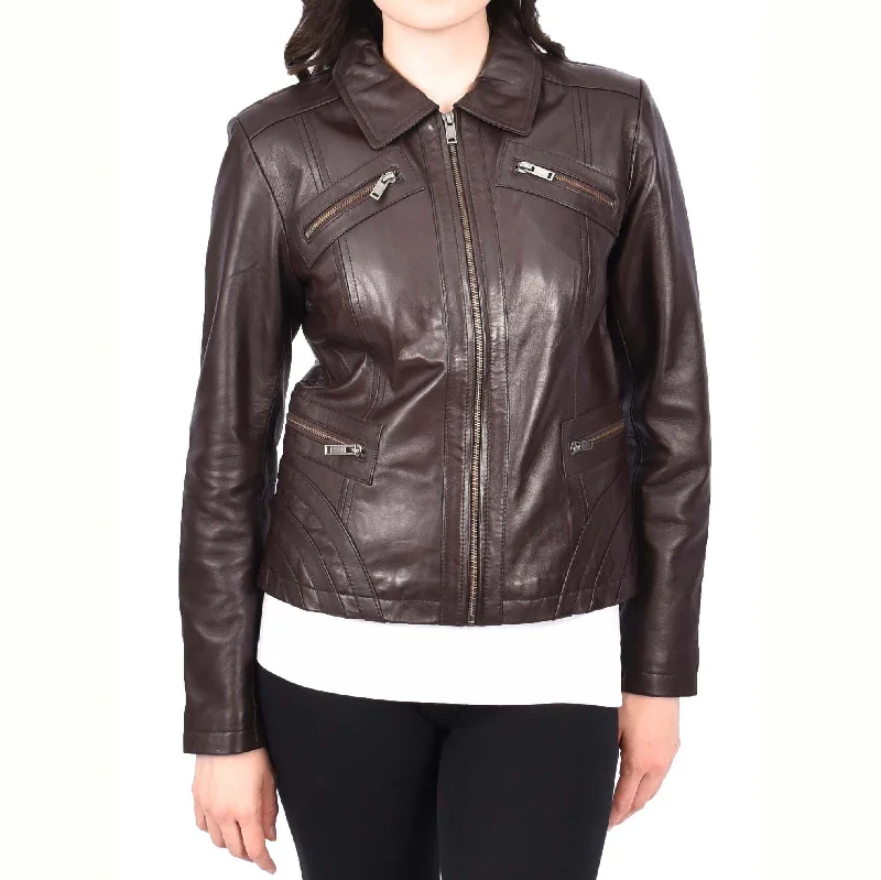 Ladies Soft Leather Jacket Fitted Collared Zip Fasten Biker Style Leah Brown V-Neck Jacket Boat Neck Jacket Square Neck Jacket