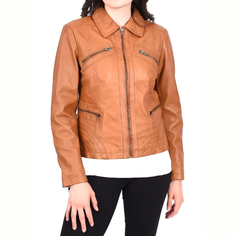 Ladies Soft Leather Jacket Fitted Collared Zip Fasten Biker Style Leah Tan Zippered Jacket Buttoned Jacket Snapped Jacket