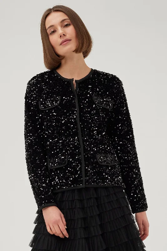 Leo & Ugo Jacket Top Sequin Round Neck Black BW534 Front Pockets Side Pockets Patch Pockets