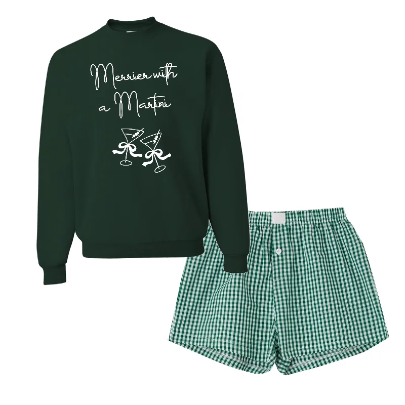 Merrier than a Martini Green Sweatshirt Checkered Boxer Shorts Set Hoodie with Camouflage Military Edgy