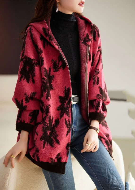 Modern Rose Print Zippered Thick Woolen Hoodies Coat Fall Hoodie with Ribbed Hem Stretchable Secure