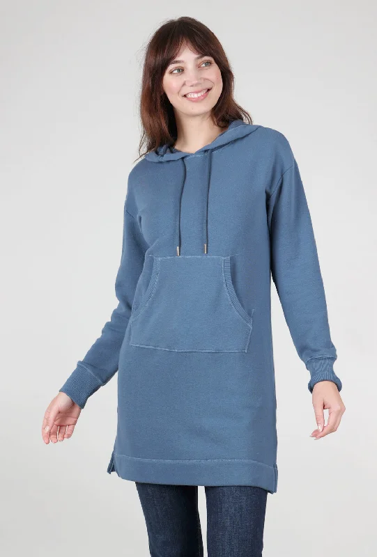 Hooded Sweatshirt Dress, Slate Teal Hoodie with Front Slit Layering Stylish