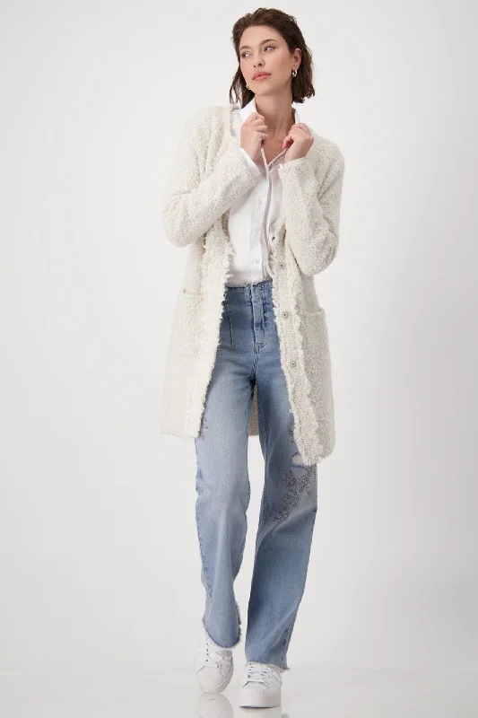 Monari 807897 Sandshell Cream 130 Longline Boucle Jacket with Round Neck Snapped Jacket Toggled Jacket Drawstring Jacket