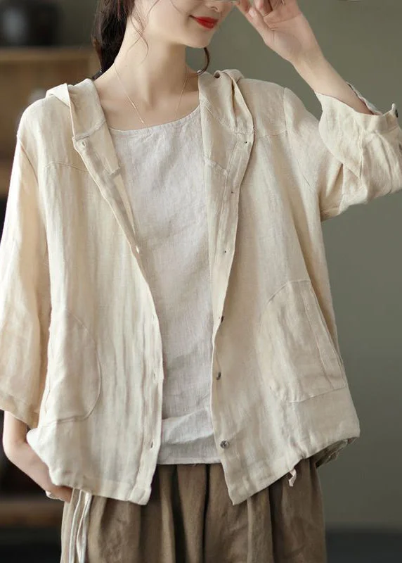 Natural Beige Pockets Patchwork Linen Hoodie Coat Summer Hoodie with Rhinestones Sparkly Elegant