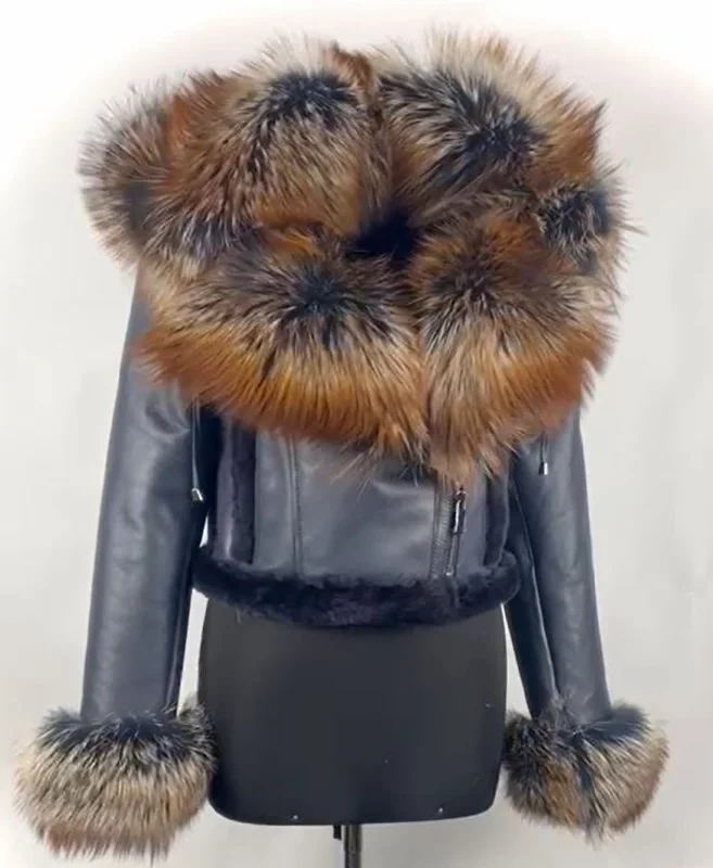 Navy Women Crop Jacket with Dyed Silver Fox Fur Trimming Style# 5005 Elasticated Jacket Padded Jacket Insulated Jacket