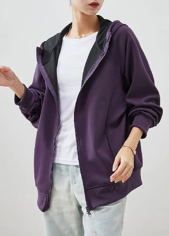 Organic Purple Hooded Cotton Sweatshirts Coats Spring Hoodie with Thumb Holes Functional Cozy