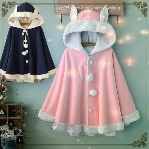 Pink/Navy Kawaii Rabbit Ears Hoodie Cape YV16042 Hoodie with Monochrome Minimalist Simple