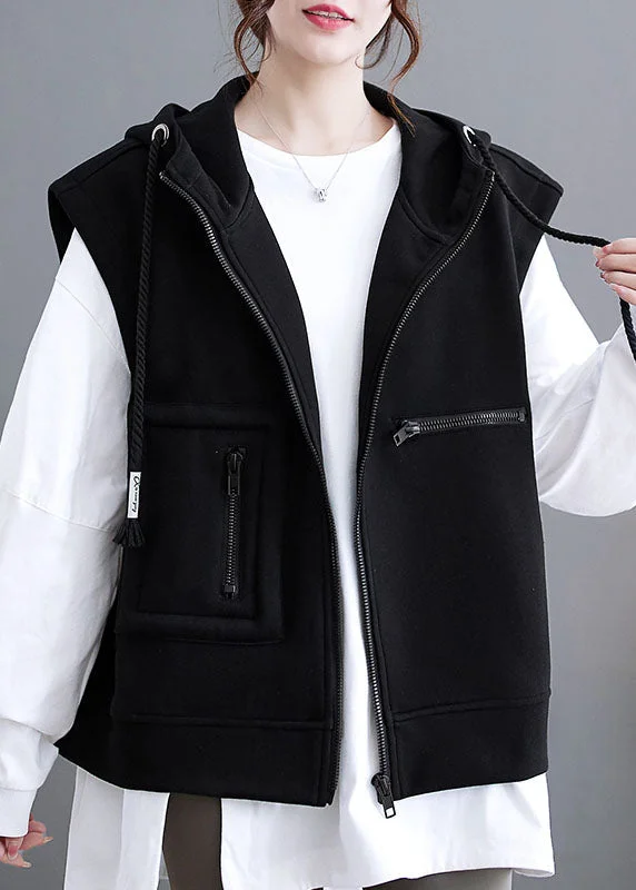 Plus Size Black Patchwork Pockets Hoodie Waistcoat Fall Hoodie with Elastic Cuffs Stretchable Comfortable