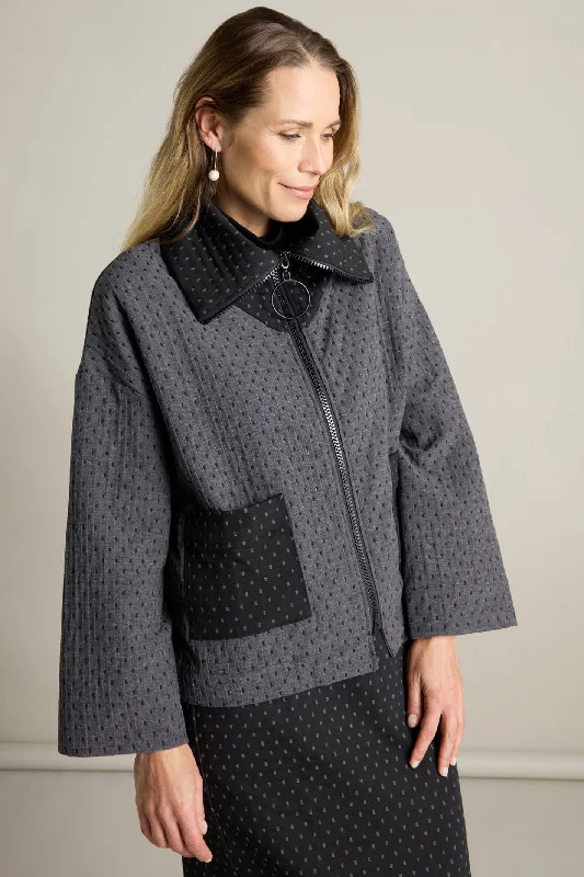 Sahara SPJ5911-SDFJ Black Grey Square Jacquard Boxy Jacket Stand-Up Collar Roll-Neck Collar Turtle Neck