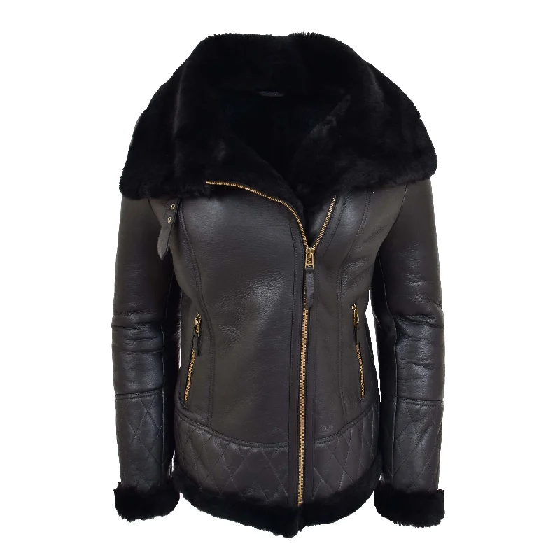 Super Luxurious Womens Real Sheepskin Jacket Aviator Coat Alexa Black Satin Jacket Silk Jacket Chiffon Jacket