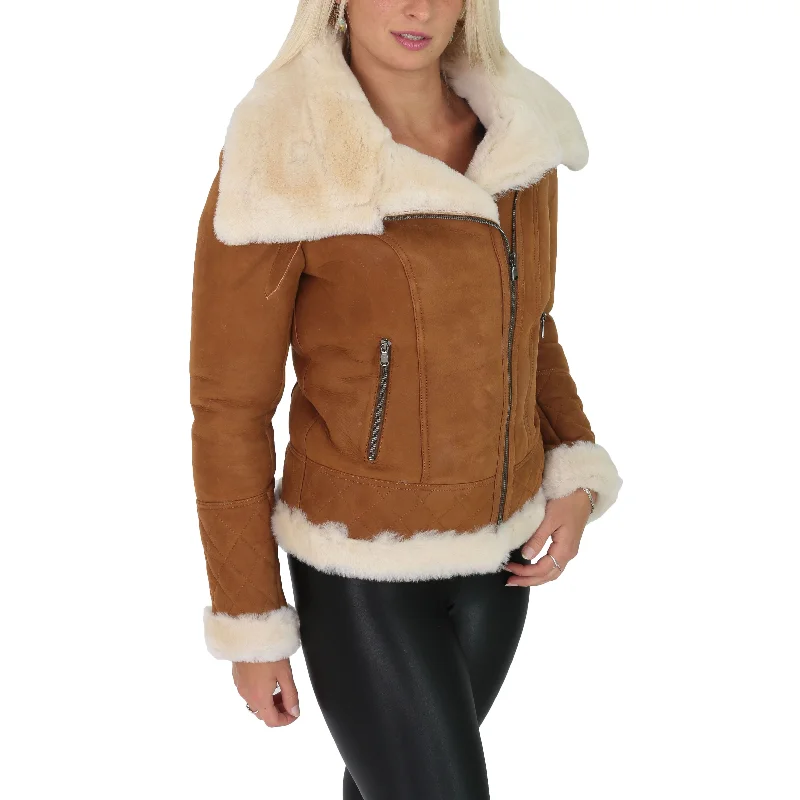 Super Luxurious Womens Real Sheepskin Jacket Aviator Coat Alexa Tan Oversized Jacket Tailored Jacket Straight Jacket