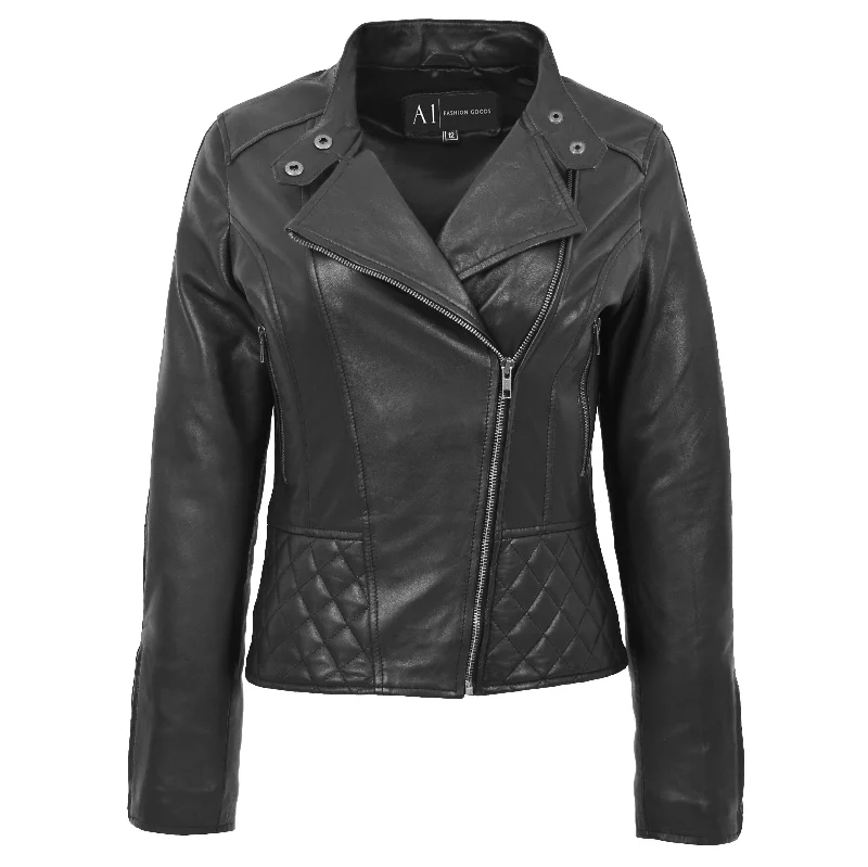 Trendy Black Leather Biker Jacket For Women Quilted Fitted Band Collar Penny Chenille Fabric Brocade Fabric Lace Fabric