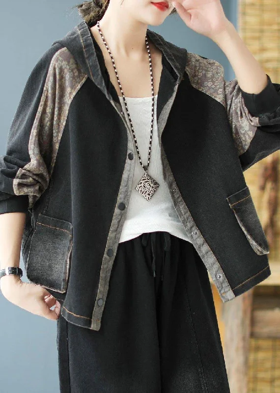 Women Black Print Patchwork Loose Fall Denim Hoodie Coat Hoodie with Metallic Shiny Futuristic