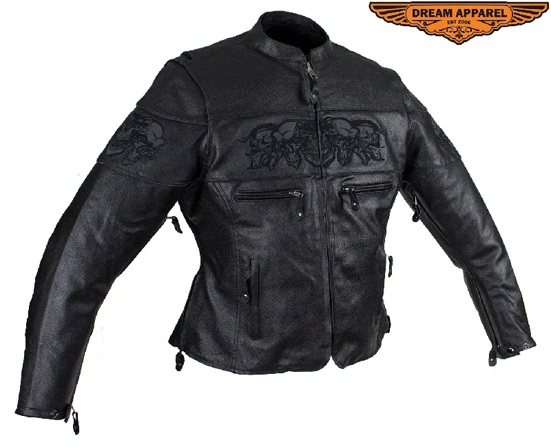 Women's Black Motorcycle Jacket with Reflective Skulls Nylon Fabric Polyester Fabric Spandex Fabric