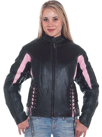 Womens Black & Pink Leather Racer Jacket With Multi Pockets Jacket Blazer Coat