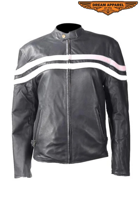 Womens Leather Jacket With Cream & Pink Stripes Tailored Jacket Straight Jacket A-Line Jacket