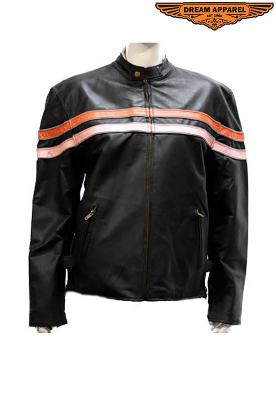 Womens Leather Jacket With Orange & Pink Racing Stripes Wool Jacket Cashmere Jacket Tweed Jacket