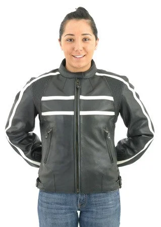 Women's Leather Motorcycle Jacket With Cream Colored Stripes Wool Fabric Cashmere Fabric Tweed Fabric