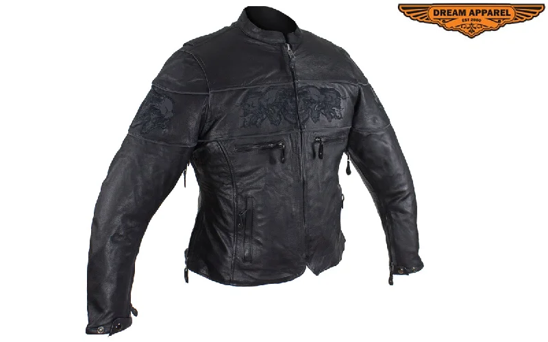 Womens Leather Motorcycle Jacket With Reflective Skulls Insulated Jacket Fitted Jacket Loose Jacket