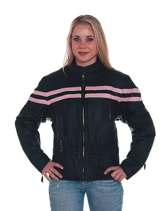 Women's Leather Racer Jacket With Stripes - Pink Jacket Blazer Coat