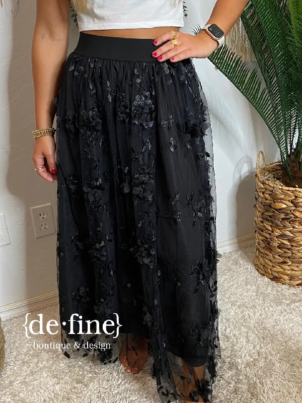 Black Tulle Skirt with Embroidered Flowers velvet skirt plush