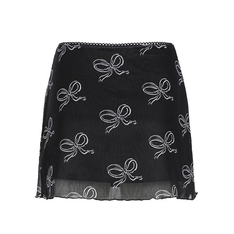 Bowknot print mesh mini skirt ribbed skirt waist