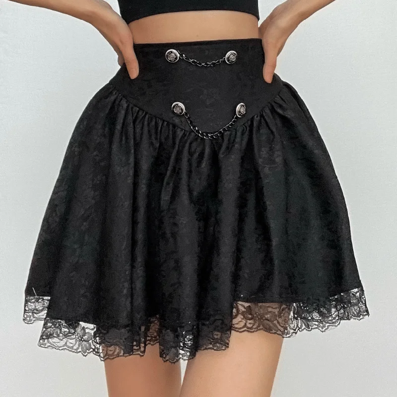 Button lace hem solid zip-up ruched mini skirt floral skirt print