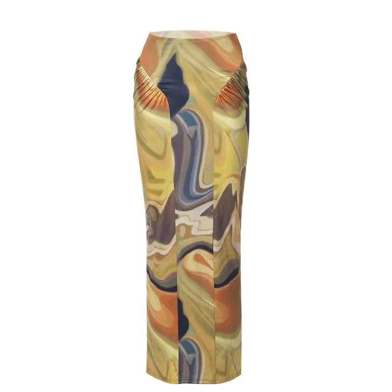 Contrast ruched abstract print midi skirt denim skirt stylish